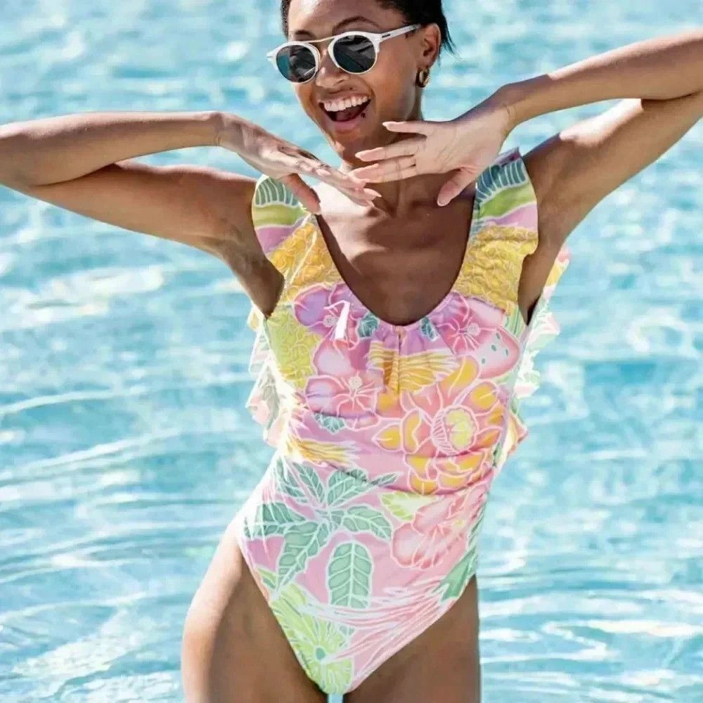 $158 Kenny Flowers THE BAHAMAS Ruffle One Piece High Cut Swimsuit XL